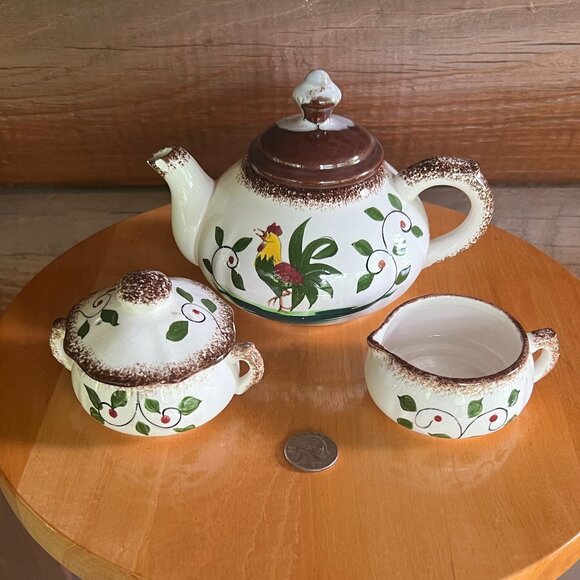 RARE Vtg Mid-Century Rooster Napco Japanese Teapot, Sugar Bowl, Creamer Set - Picture 6 of 6